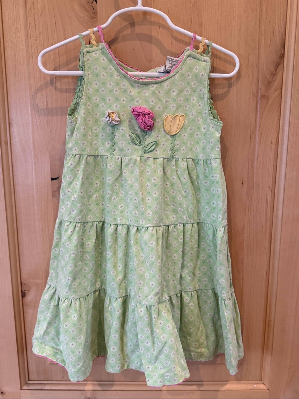 Le Top Green Floral Tiered Girls' Dress with Flower Appliqués